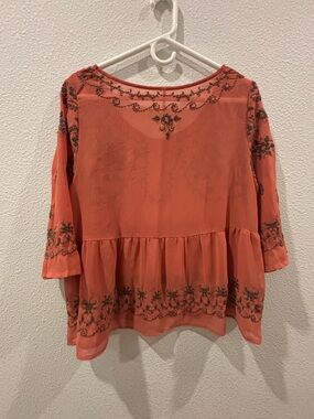 Free People Coral Top with Brown Floral Embroidered Detail
